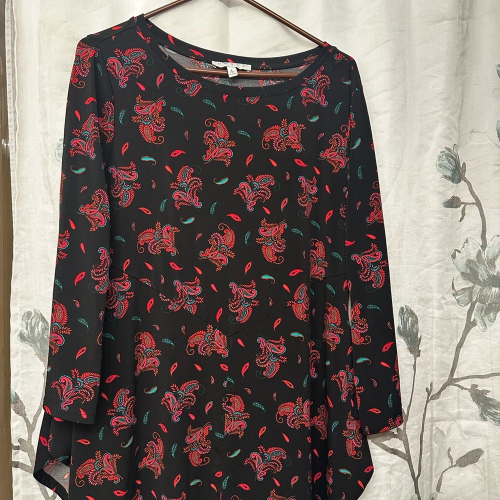 Chaus Black Tunic with Red and Teal Paisley Print